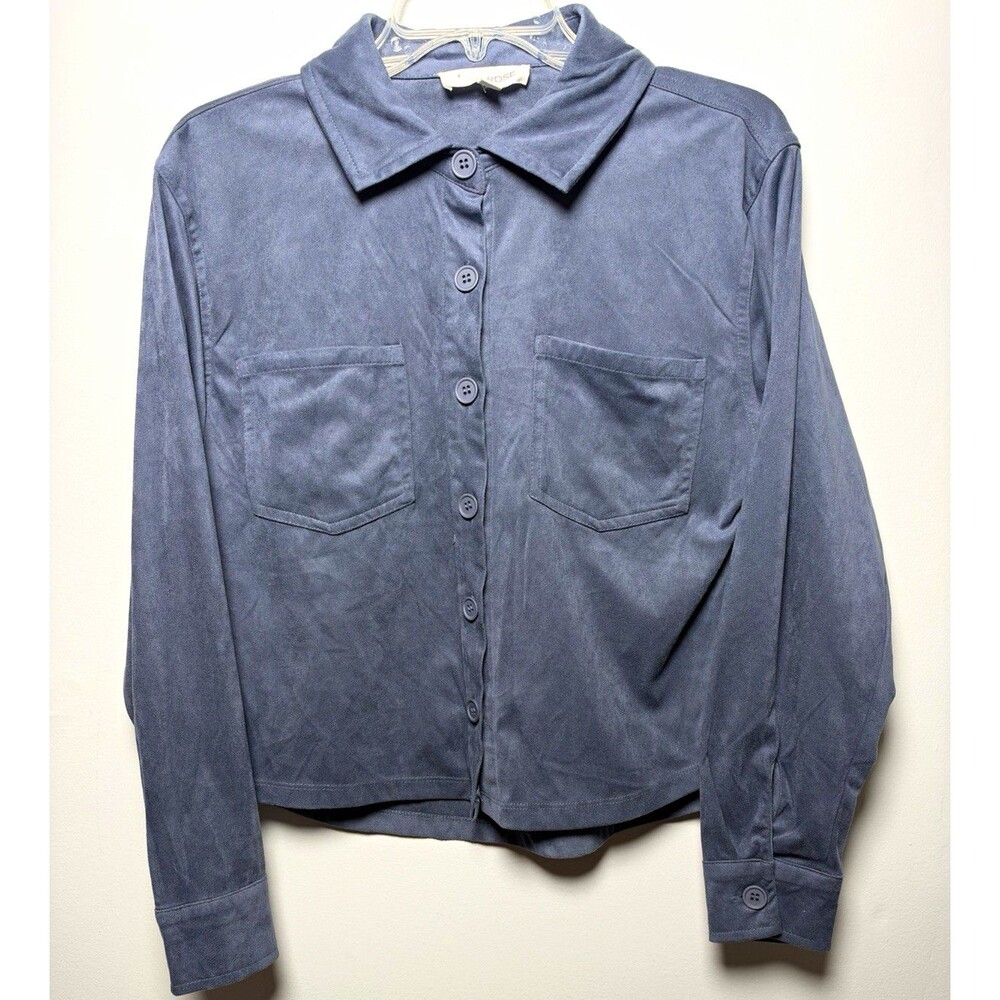 Pink Rose Women’s M Blue Faux Suede Collared Long Slv Button Up Short Top